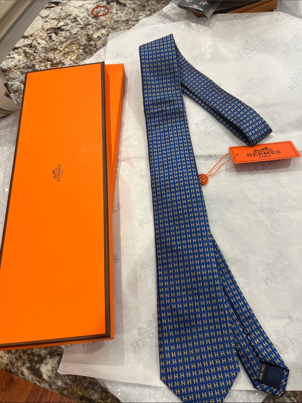 Hermes Blue Silk Tie with H Motif